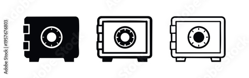 Safe icon set with combination lock in solid, bold outline, and thin outline styles. Security and money protection symbol.
