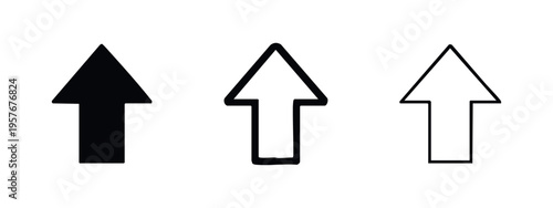 Up arrow icon set in solid, bold outline, and thin outline styles. Vector symbol for upload, growth, and direction.