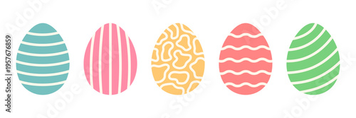Set of colorful Easter eggs with decorative patterns. Flat vector illustration with stripes and abstract ornaments. Spring holiday design for decoration and greeting. Isolated background. Hand drawn.
