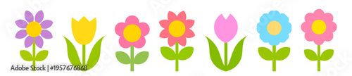 Flower icons collection in simple flat design style. Colorful set of cute spring blooms. Cartoon botanical design elements. Vector illustration