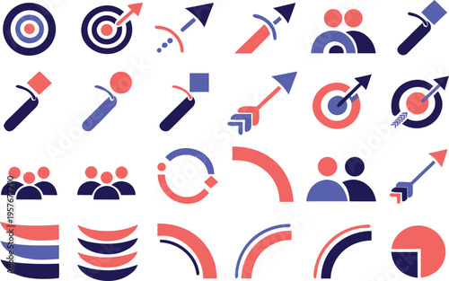 Set of flat minimalist graphic icons featuring various abstract shapes targets arrows and people Vector