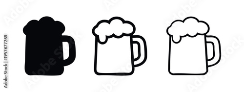 Beer Mug Icons Set with Foam, Beverage Drink Symbol for Pubs