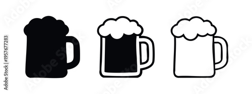 Beer Mug Icons Set with Foam, Alcoholic Beverage Symbols Collection