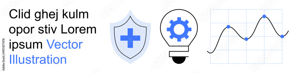 Fototapeta premium Healthcare, technology, innovation, data analysis, digital security, medical progress. Shield with cross, gear inside a light bulb line graph. Healthcare and technology concepts