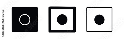 Collection of square button icons with circles, in solid, outlined, and negative space styles.