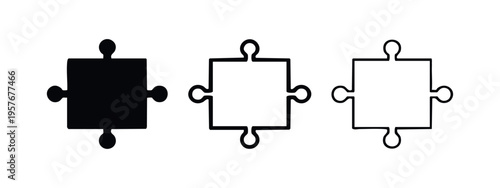 Puzzle piece icon set in black, showing solid, thick outline, and thin outline styles, on white background.