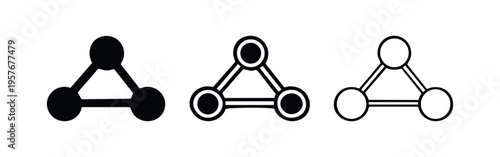 Network connection triangle icon set, depicting nodes and links in solid, thick, and thin outline variations.