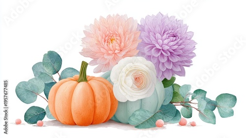 Pumpkins and flowers arranged with eucalyptus on white background