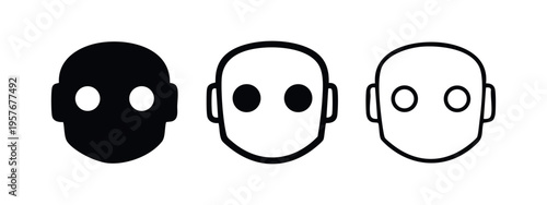 Robot head icons collection, showcasing solid, thick outline, and thin outline styles, on white background.