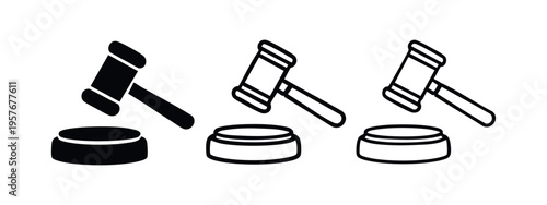 Judge's Gavel and Sound Block Icon Set. Justice, Auction, and Legal Authority Symbols.