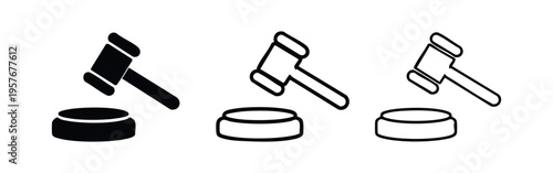 Judge's Gavel and Sound Block Icon Set. Justice, Auction, and Legal Authority Symbols.