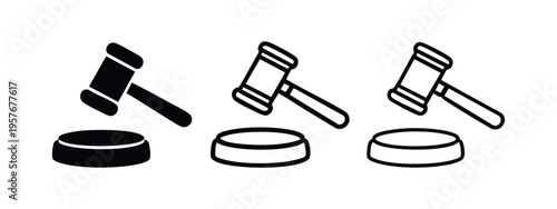 Judge's Gavel and Sound Block Icon Set. Justice, Auction, and Legal Authority Symbols.