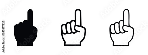 Pointing finger up icon set. Hand gesture indicating direction, warning, or numbering in different styles.