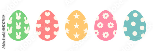 Set of colorful Easter eggs with bunny, heart, star, flower, polka dot decorations. Cute flat vector illustration. Spring holiday design for greeting and decoration. Isolated background. Hand drawn.