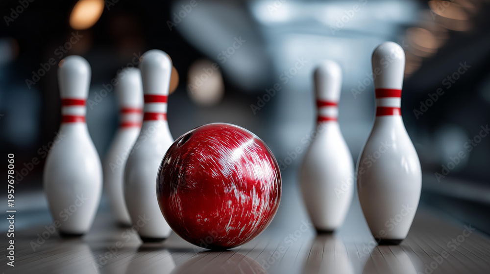 Naklejka premium Red and white bowling ball surrounded by four white pins in bowling alley setting, classic strike setup concept, defocused lane background, with copy space