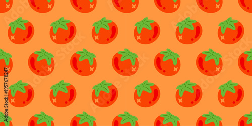 Seamless funky tomato pattern with bright red motifs on orange background. Bold repeating food texture with retro pop mood, rounded shapes and a lively allover arrangement for kitchen and textile use.