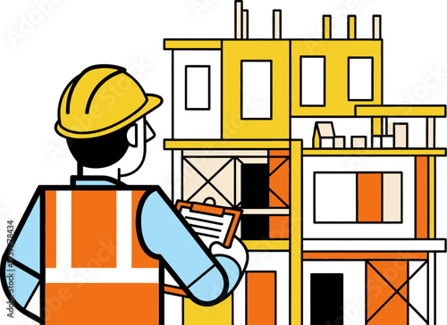 Construction worker inspecting building site with clipboard and helmet  