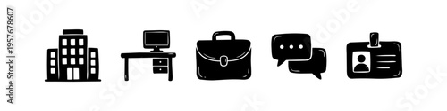 Hand-drawn black silhouettes of business icons including an office building, computer desk, briefcase, chat bubbles, and ID badge. Minimalist doodle style on a white background.