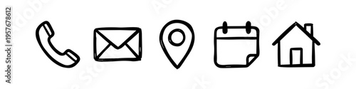 Hand-drawn black ink icons featuring a phone, envelope, location pin, calendar, and house. Minimalist doodle style vector elements for creative contact and business design.