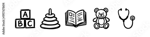 Hand-drawn style icons set representing childhood, education, and pediatric care including alphabet blocks, stacking rings, a book, a teddy bear, and a stethoscope on a white background.