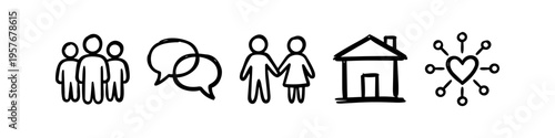 Set of hand-drawn icons representing community, communication, relationships, home, and love. Minimalist black line art doodles on a white background for social and family concepts.
