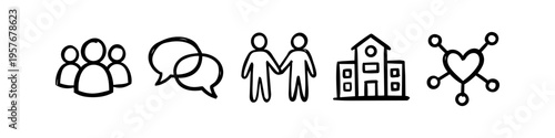 Set of hand-drawn icons representing community, communication, teamwork, and social connection. Minimalist black doodle style on a white background, ideal for social and non-profit themes.