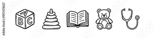 Hand-drawn pediatric and childhood icons featuring an ABC block, stacking rings, book, teddy bear, and stethoscope. Ideal for medical, educational, or nursery-themed graphic designs.