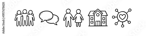 Hand-drawn social and community icons depicting friendship, communication, family, school, and networking. Minimalist black line art doodle style on a white background.