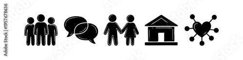 Hand-drawn black icon set featuring community members, speech bubbles, a couple, a home, and a connected heart network, symbolizing social relationships, communication, and family life.