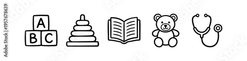 Set of pediatric and early childhood development line icons including ABC blocks, stacking rings, open book, teddy bear, and stethoscope. Ideal for childcare and medical design.