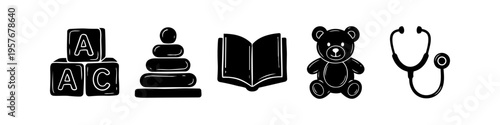 Minimalist black icons for pediatric care and early childhood education. Includes alphabet blocks, stacking rings, open book, teddy bear, and stethoscope on a white background.