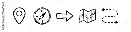 Hand-drawn navigation icons including a location pin, compass, arrow, map, and route path. Minimalist black doodle style on white background for travel, logistics, and direction concepts.