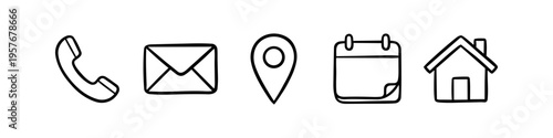 Set of hand-drawn contact icons including phone, email, location pin, calendar, and house. Simple black outline doodle illustrations on a white background for business and web design.
