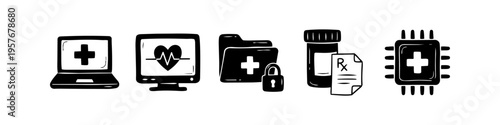 Set of hand-drawn medical technology icons featuring a laptop, heart monitor, secure medical folder, pharmacy prescription, and biotech chip. Minimalist black and white doodle style.