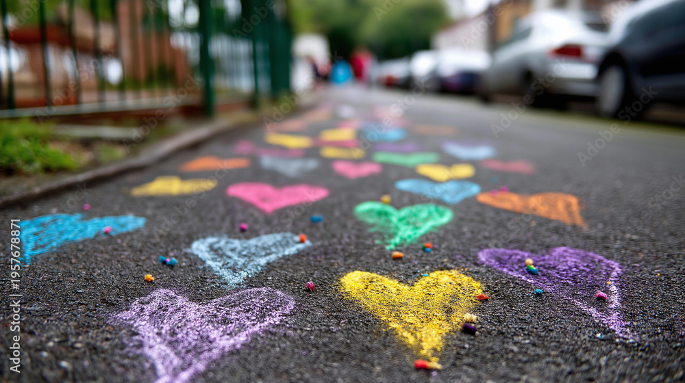 Obraz premium Bright multicolored heart shapes drawn in chalk on asphalt path as sign of support and awareness, colorful street art concept, defocused background, with copy space