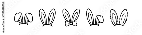 Set of hand-drawn bunny ear illustrations in black and white line art. Five styles of rabbit ear headbands including floppy, straight, and fuzzy for Easter and spring designs.