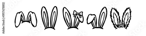 Set of hand-drawn bunny ear sketches in various styles, including floppy, upright, and furry designs. Black and white line art vector illustrations for Easter crafts and photo booth props.
