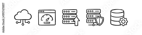Set of five hand-drawn cloud computing and IT infrastructure icons: cloud storage, web performance, server hosting, data security, and database management. Minimalist doodle style icons.