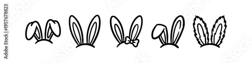Set of hand-drawn bunny ear headbands in various styles, including floppy, straight, and fuzzy, perfect for Easter celebrations and festive designs. Black line art on a white background.