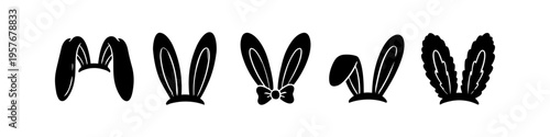 Set of black bunny ear silhouettes in various styles, from floppy and straight to fuzzy and with bows. Perfect for Easter headbands, party decorations, and festive graphic design projects.