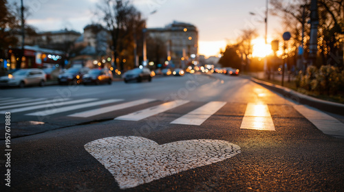 Heart painted on crosswalk during autumn sunset in city, seasonal romantic urban symbol concept, defocused background, with copy space