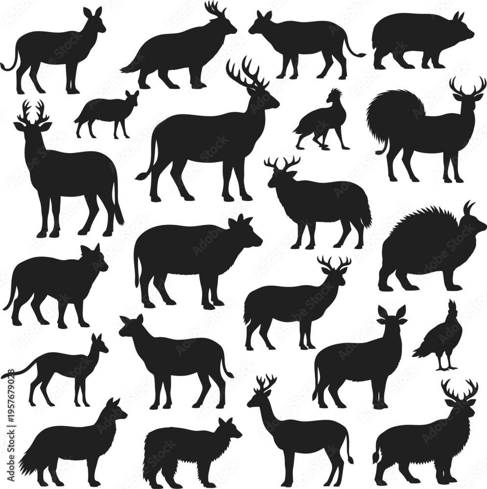 Fototapeta premium Collection of various deer and antelope silhouettes on white background