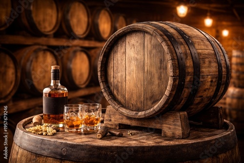 Whiskey Barrel with Bottle and Glasses in Traditional Distillery Cellar - Aged Bourbon Scotch Tasting with Oak Barrels Background