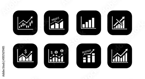 Collection of financial growth charts and graphs illustrating business success and revenue.