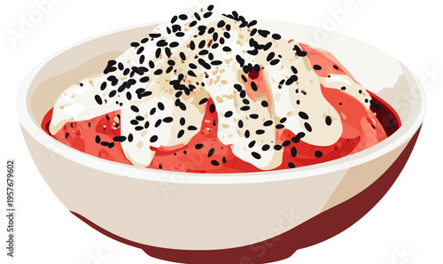 Delicious bowl of dragon fruit with creamy topping and black sesame seeds