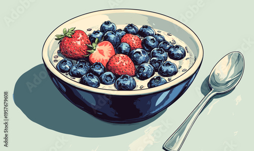 Healthy breakfast bowl with oatmeal, fresh blueberries, and strawberries, served with a spoon