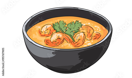 Delicious shrimp soup with fresh cilantro garnish in a dark bowl