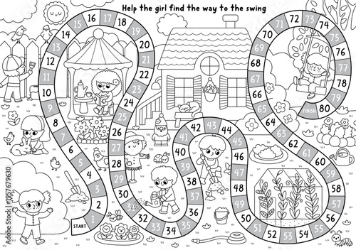 Garden black and white board game for children with line nature scene, girl looking way to swing on tree. Spring line printable activity, boardgame, coloring page worksheet with greenhouse, plants