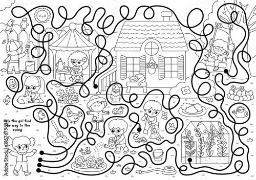 Garden black and white maze for children with line nature scene, boys and girls doing gardening work. Labyrinth game, coloring page. Spring country house printable activity, worksheet with girl, swing