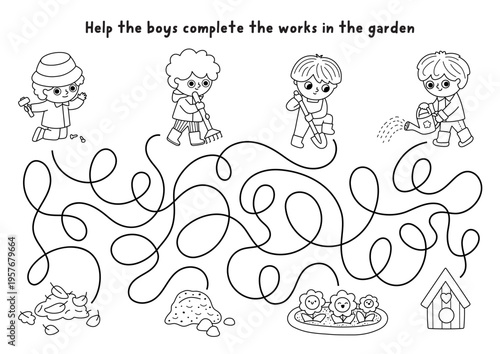 Garden black and white maze with children doing gardening works. Line labyrinth game. Spring country house printable activity, coloring page, worksheet with gardener kids raking, digging, building